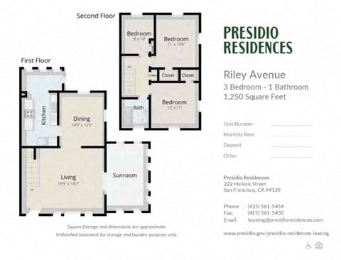 Floor plan for 3 beds, 1 bath, 1250 sqft