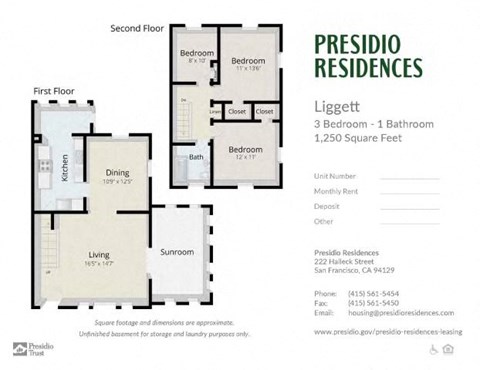 Floor plan for 3 beds, 1 bath, 1250 sqft