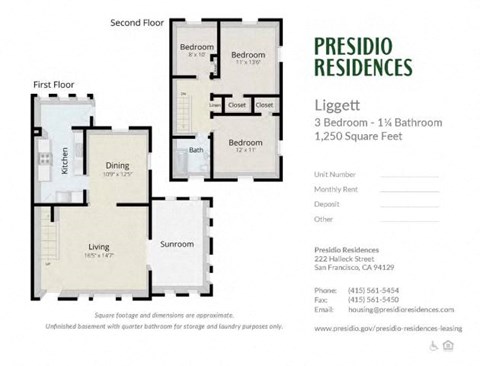 Floor plan for 3 beds, 1.3 baths, 1250 sqft