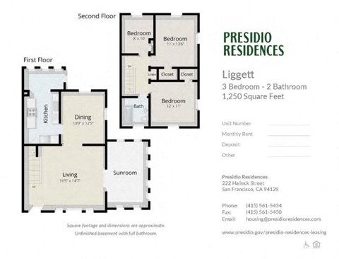 Floor plan for 3 beds, 2 baths, 1250 sqft