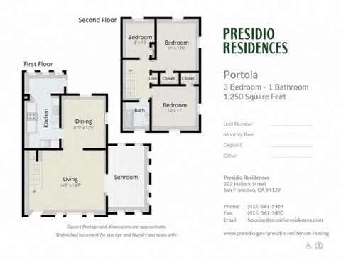 Floor plan for 3 beds, 1 bath, 1250 sqft