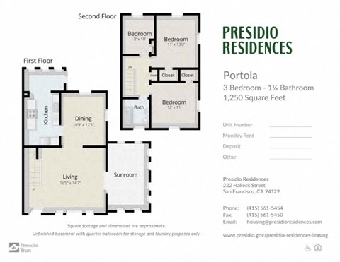 Floor plan for 3 beds, 1.3 baths, 1250 sqft
