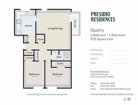 Floor plan for 2 beds, 1 bath, 950 sqft