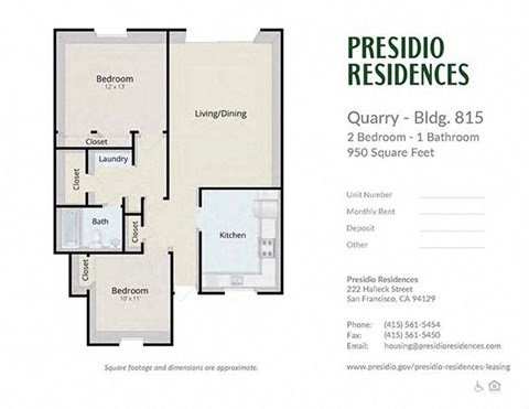 Floor plan for 2 beds, 1 bath, 950 sqft