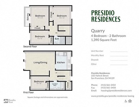 Floor plan for 4 beds, 2 baths, 1390 sqft