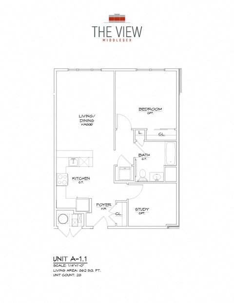 Floor plan for 1 bed, 1 bath, 862 sqft
