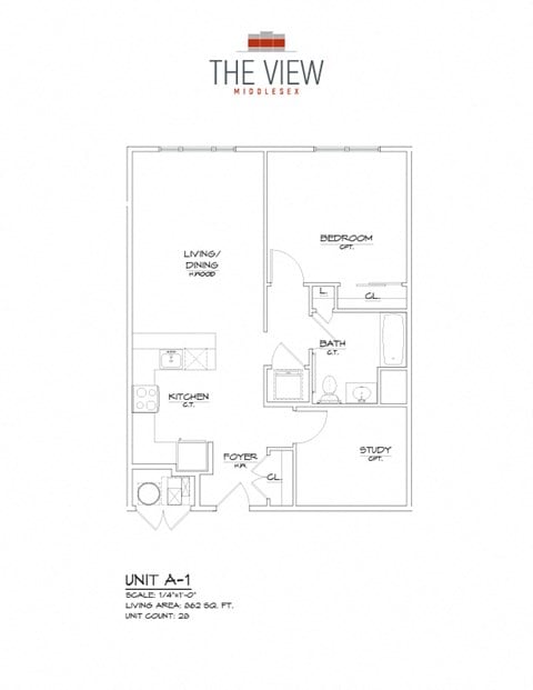 Floor plan for 1 bed, 1 bath, 862 sqft