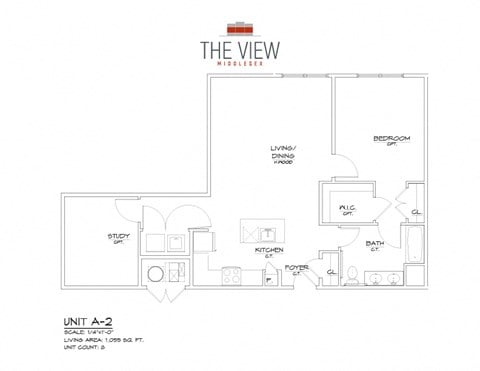Floor plan for 1 bed, 1 bath, 1055 sqft