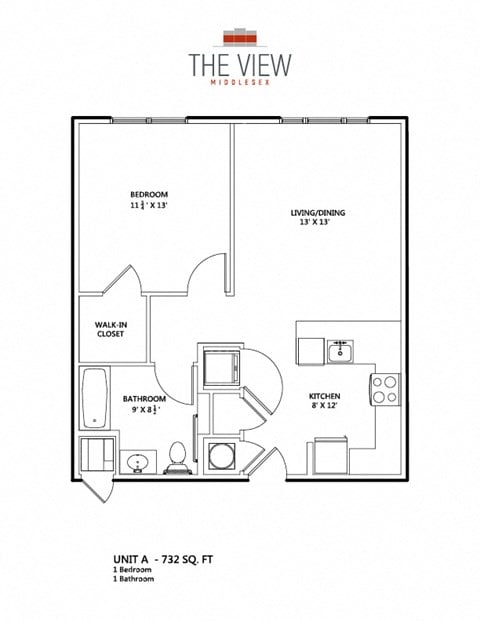Floor plan for 1 bed, 1 bath, 732 sqft