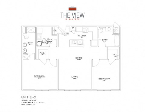 Floor plan for 2 beds, 2 baths, 1197 sqft