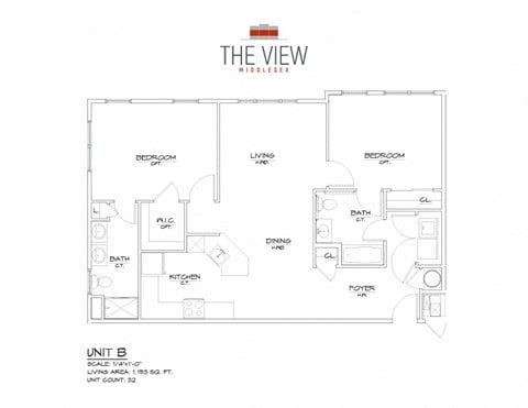 Floor plan for 2 beds, 2 baths, 1153 sqft
