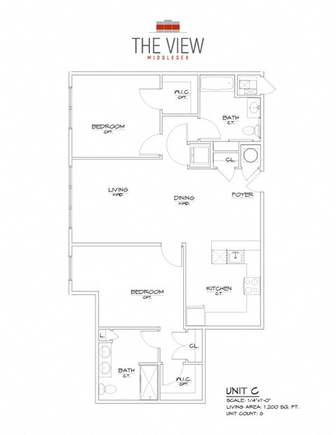 Floor plan for 2 beds, 2 baths, 1200 sqft