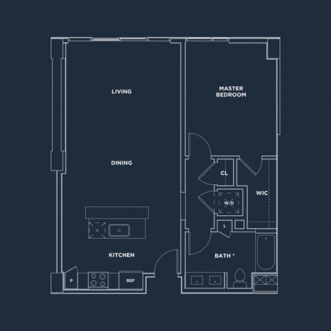 Floor plan for 1 bed, 1 bath, 906 sqft