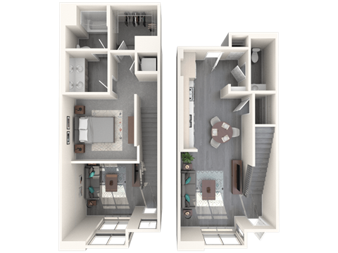 Floor plan for 1 bed, 1.5 baths, 996 sqft