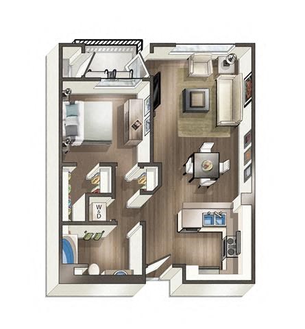 Floor plan for 1 bed, 1 bath, 709 sqft