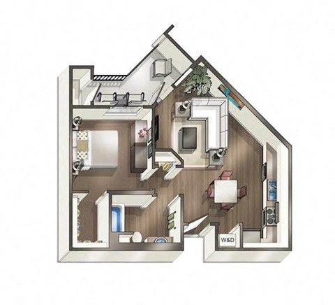 Floor plan for 1 bed, 1 bath, 645 sqft