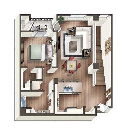 Floor plan for 1 bed, 1 bath, 879 sqft