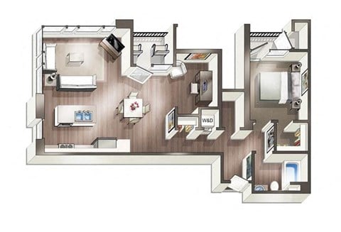 Floor plan for 1 bed, 1 bath, 1077 sqft
