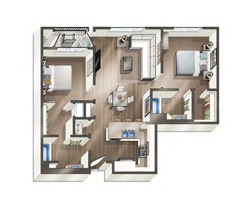 Floor plan for 2 beds, 2 baths, 979 sqft