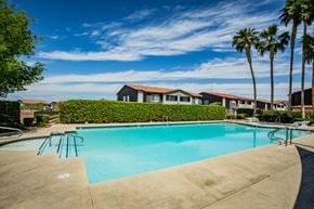 Henderson townhouse for rent - A swimming pool surrounded by palm trees and a row of houses.