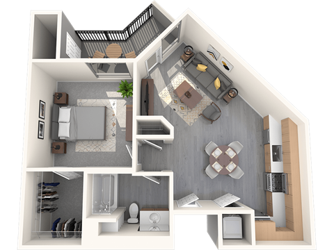Floor plan for 1 bed, 1 bath, 645 sqft