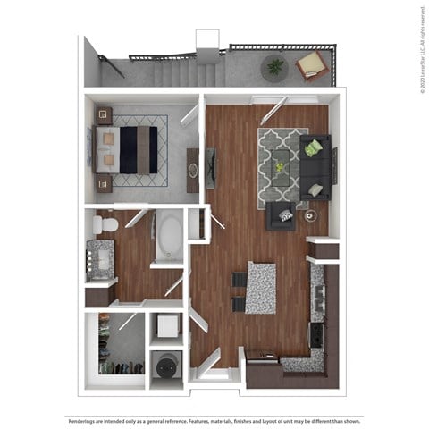Floor plan for 1 bed, 1 bath, 664 sqft