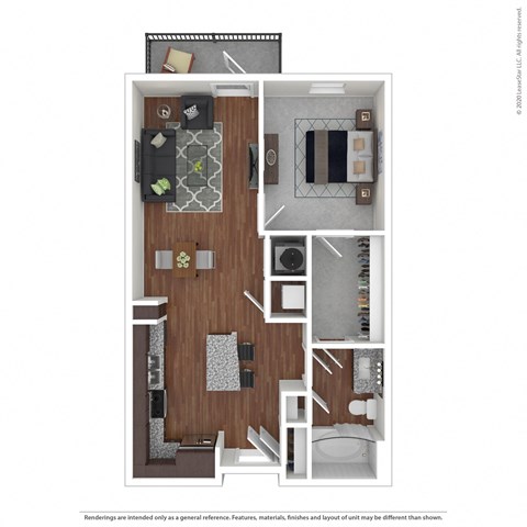 Floor plan for 1 bed, 1 bath, 686 sqft