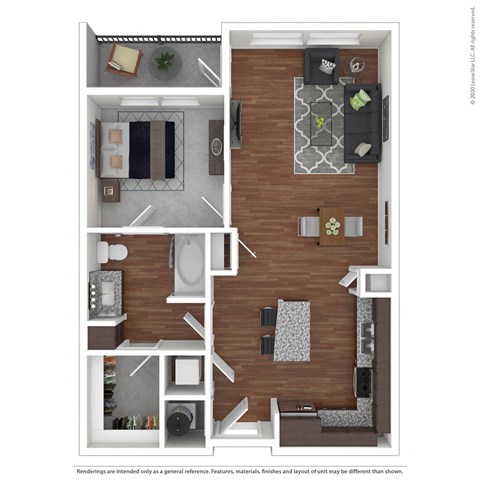 Floor plan for 1 bed, 1 bath, 730 sqft
