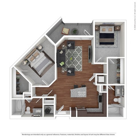Floor plan for 2 beds, 2 baths, 1006 sqft