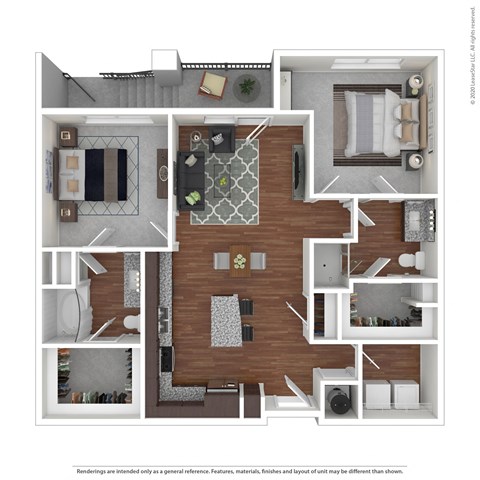 Floor plan for 2 beds, 2 baths, 1073 sqft