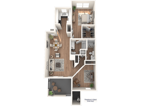 Floor plan for 1 bed, 2 baths, 1175 sqft