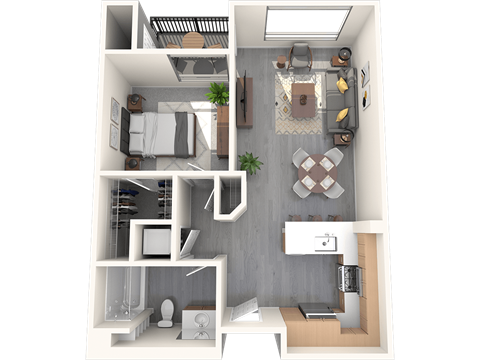 Floor plan for 1 bed, 1 bath, 728 sqft