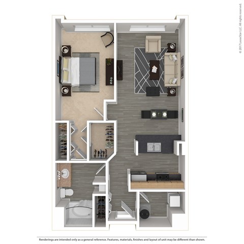 Floor plan for 1 bed, 1 bath, 799 sqft