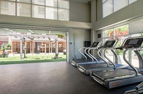 San Diego apartment for rent - a gym with cardio machines and a grassy area in the background