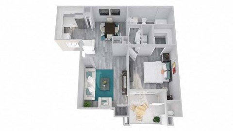 Floor plan for 1 bed, 1 bath, 858 sqft