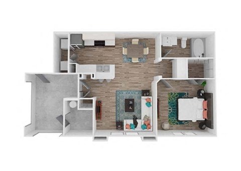 Floor plan for 1 bed, 1 bath, 715 sqft