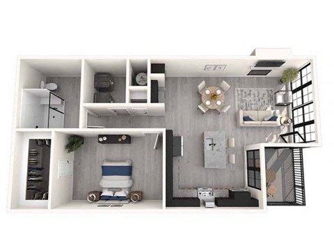 Floor plan for 1 bed, 1 bath, 956 sqft