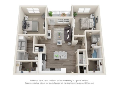 Floor plan for 2 beds, 2 baths, 1141 sqft