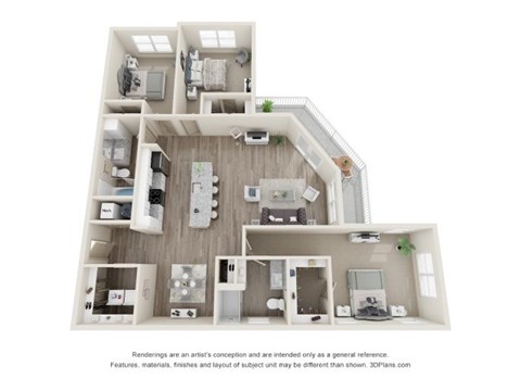 Floor plan for 3 beds, 2 baths, 1491 sqft