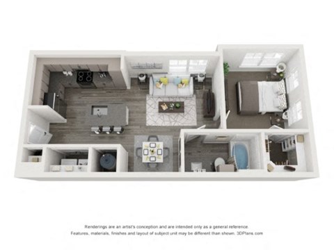 Floor plan for 1 bed, 1 bath, 663 sqft