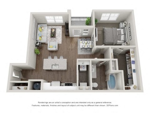 Floor plan for 1 bed, 1 bath, 824 sqft