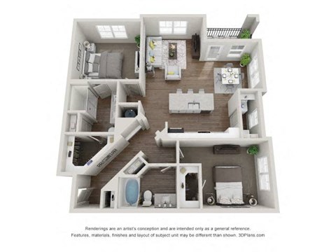 Floor plan for 2 beds, 2 baths, 1265 sqft