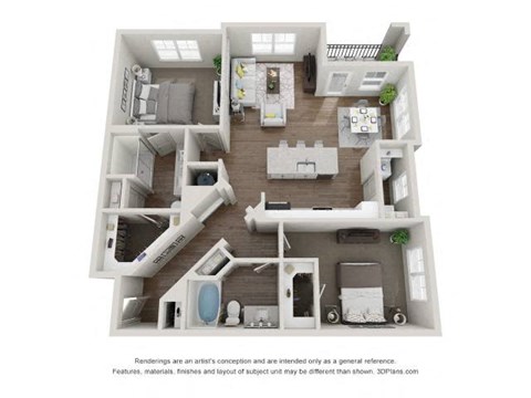 Floor plan for 2 beds, 2 baths, 1265 sqft