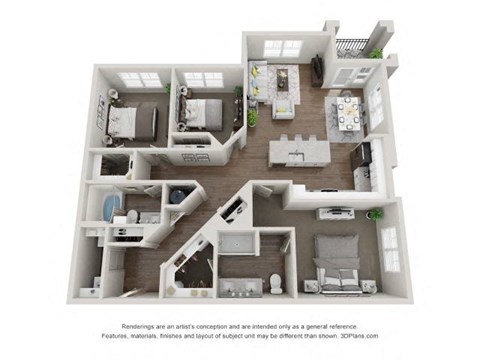 Floor plan for 3 beds, 2 baths, 1433 sqft