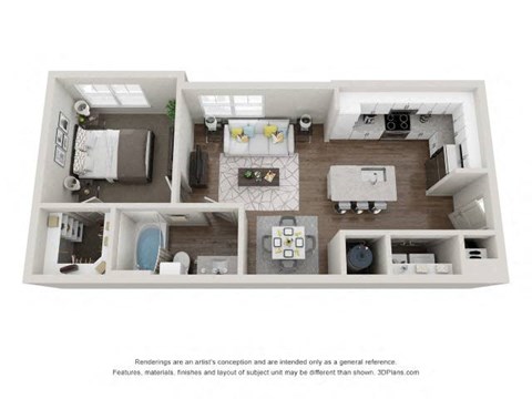 Floor plan for 1 bed, 1 bath, 663 sqft