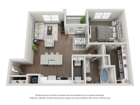 Floor plan for 1 bed, 1 bath