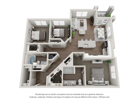 Floor plan for 3 beds, 2 baths
