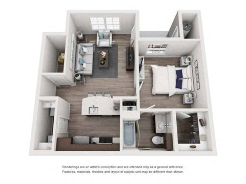Floor plan for 1 bed, 1 bath, 665 sqft