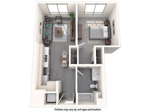 Floor plan for 1 bed, 1 bath, 726 sqft
