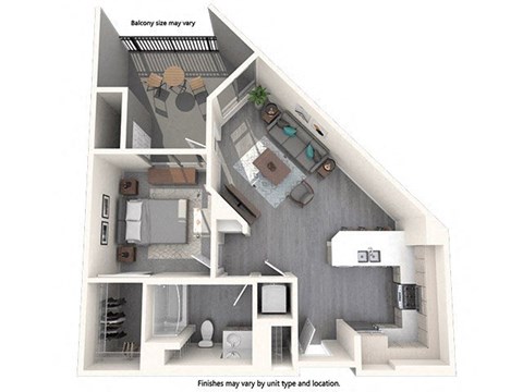 Floor plan for 1 bed, 1 bath, 726 sqft